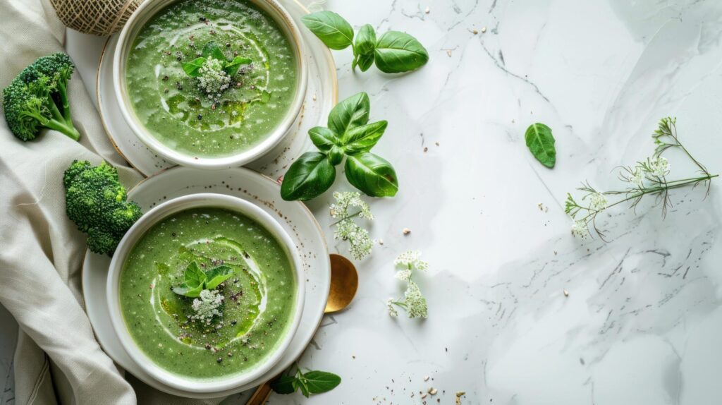 Beautiful photo of broccoli soup in white plates on a white marble table. Nearby lies a beautiful golden spoon Free Photo