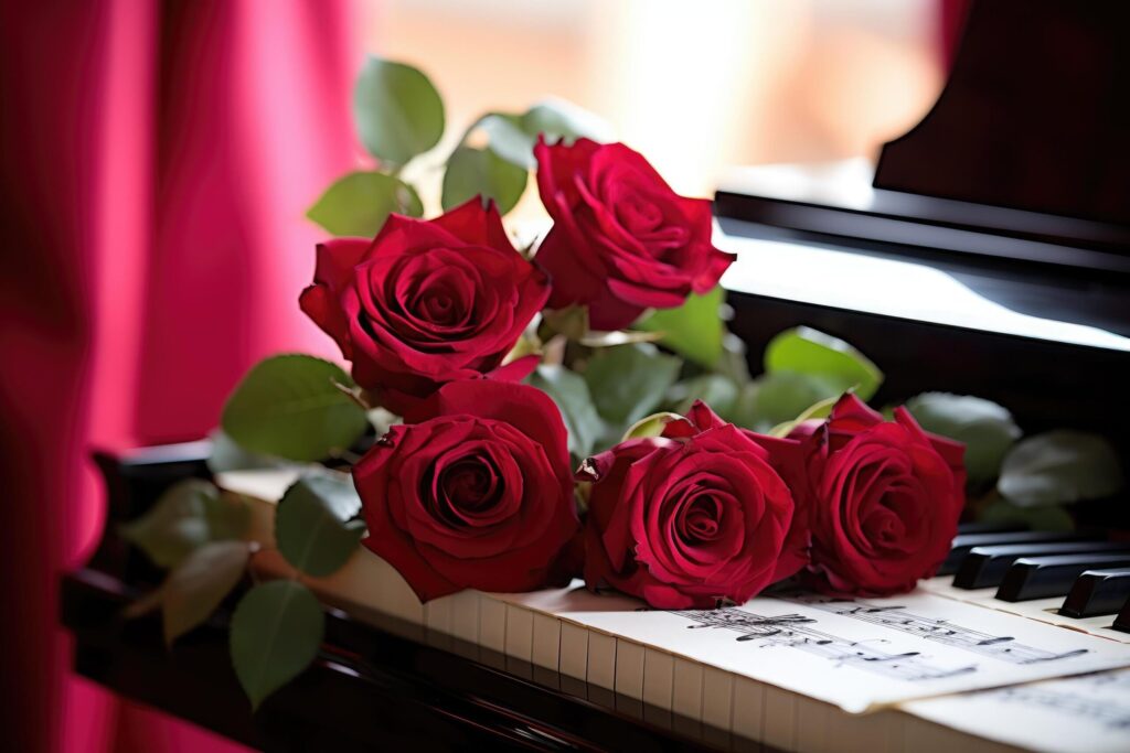 Beautiful roses placed on a piano symbolize bright, joyful love on every occasion and Valentine’s Day festival, cute Free Photo