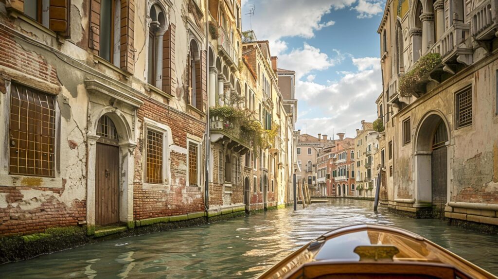 beautiful scene from Venice, with a focus on a narrow canal surrounded by tall, aged buildings Ai generated Free Photo