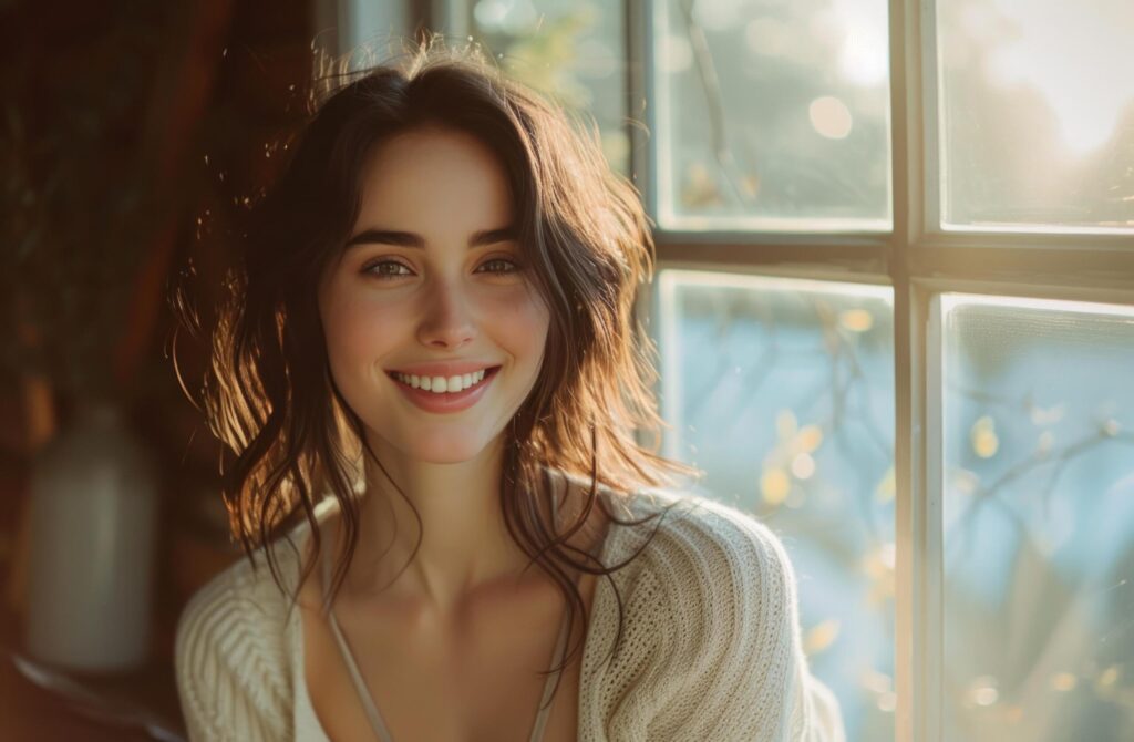 beautiful smiling young woman in front of window Free Photo