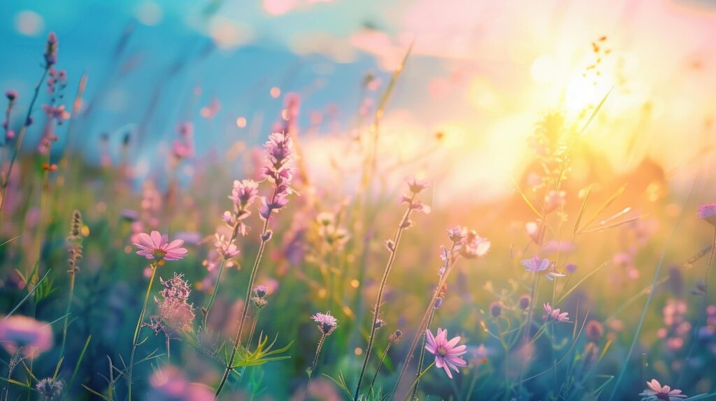 Beautiful summer landscape flowering grass on green meadow at sunrise with beautiful blue sky. Free Photo