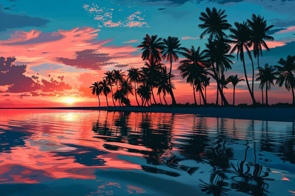 beautiful tropical sunset at beach with coconut trees, in the style of illustration for background, elements, poster Ai Generated Free Photo