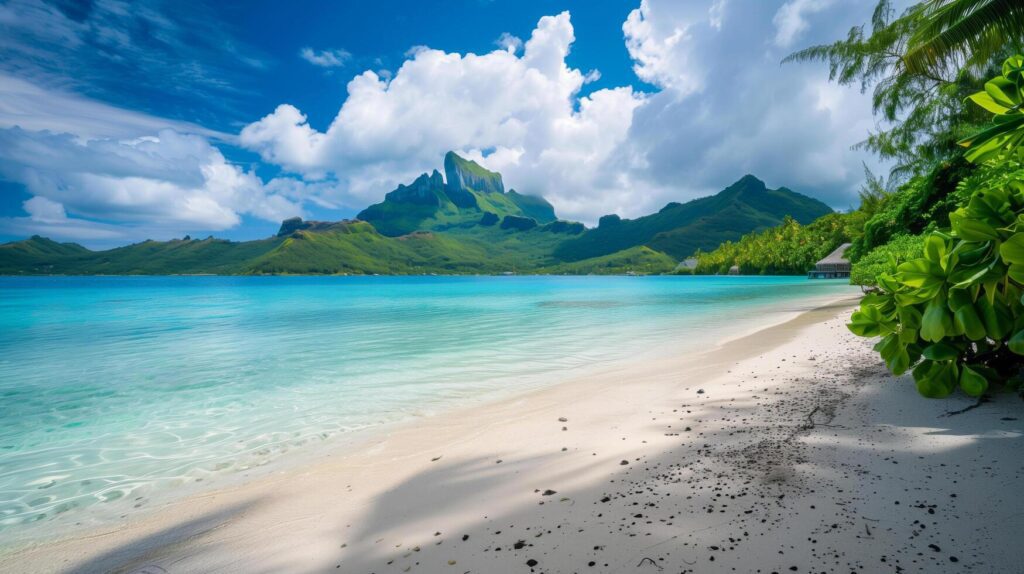 AI generated Beautiful view of beach with distant mountain. perfect for travel brochures, vacation websites, and nature themed designs needing scenic backgrounds. Stock Free