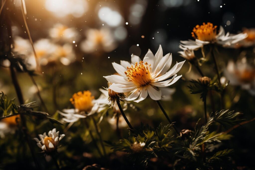 Beautiful white flowers in the garden at sunset. Nature background. Free Photo