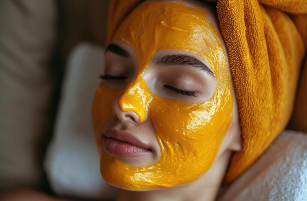 beautiful woman wearing honey mask in the morning with white facial skin Free Photo