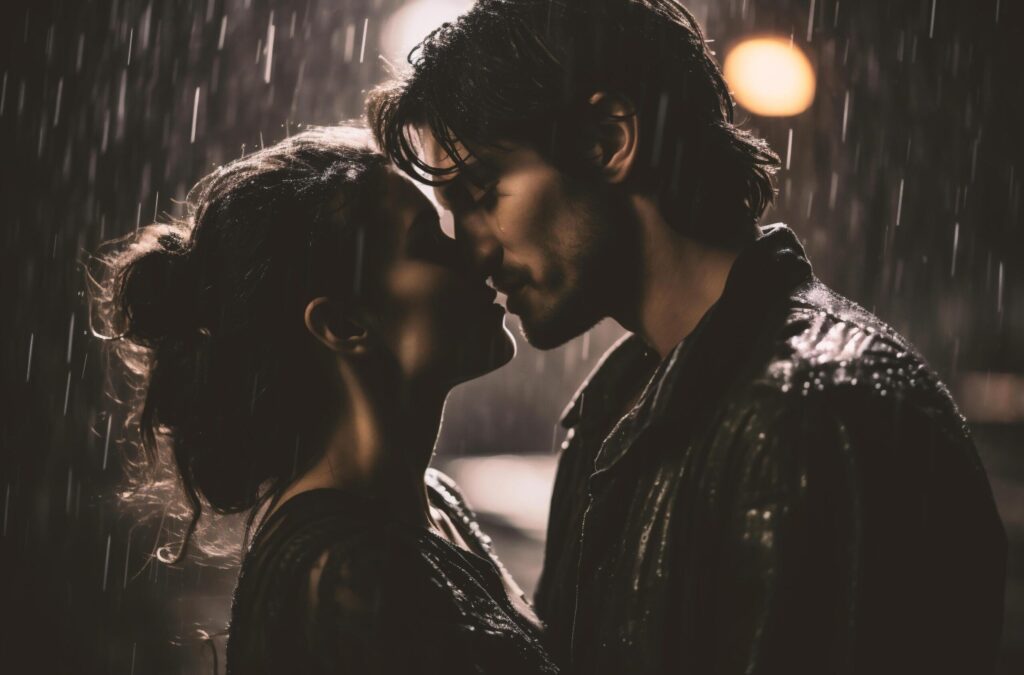 Beautiful young couple kissing under the rain in the city at night Free Photo