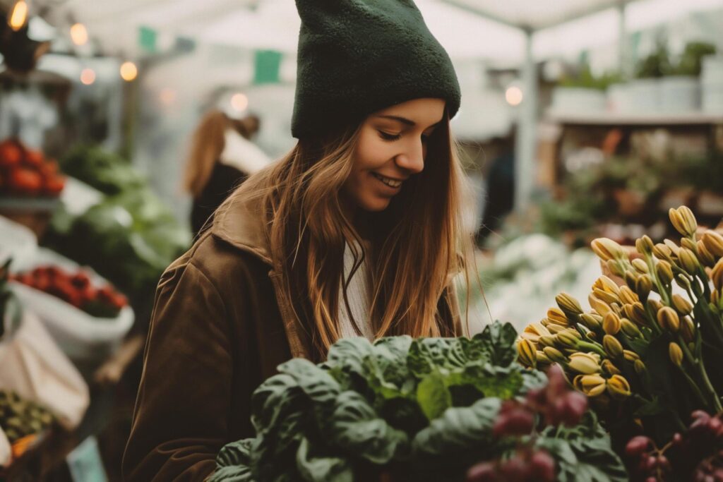 Beautiful young woman buying fresh flowers at the local farmers market. Free Photo