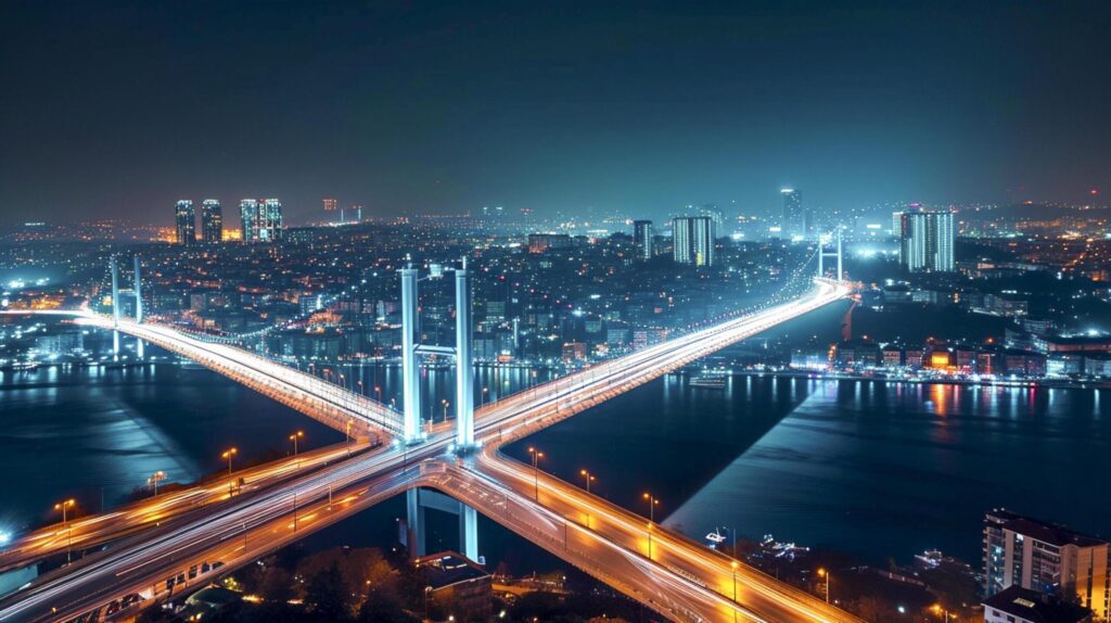 beautifully illuminated bridge at night, with the city lights in the background Ai generated Free Photo