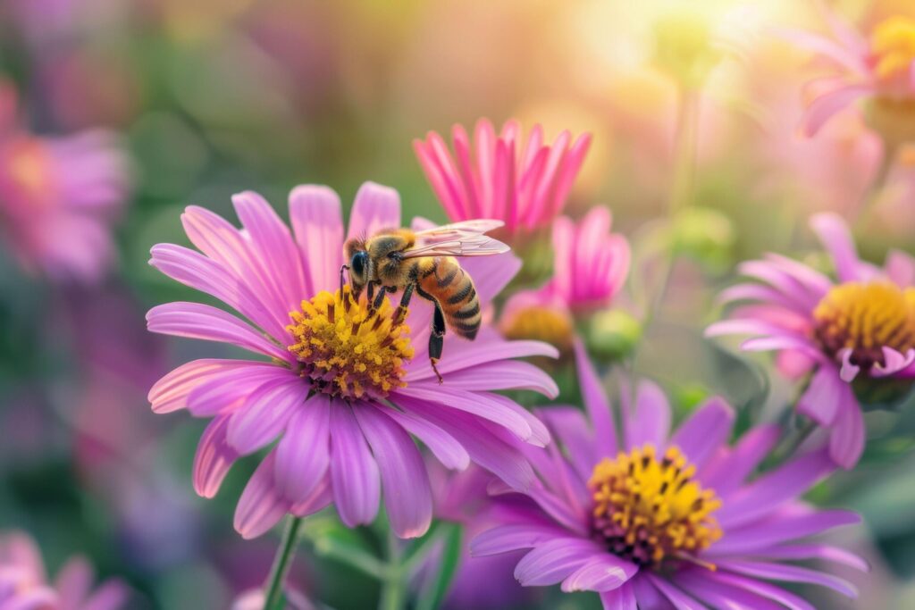 Bee on a Purple Aster in Golden Light Free Photo