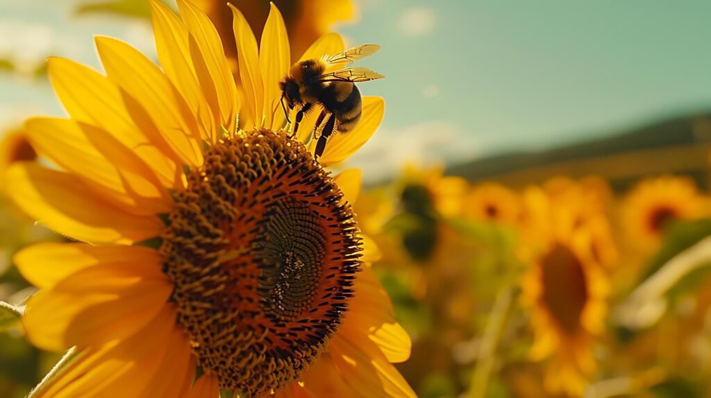 Bee Pollinates Vibrant Sunflower in Soft Natural Light Surrounded by Blooming Field and Clear Blue Sky Free Photo