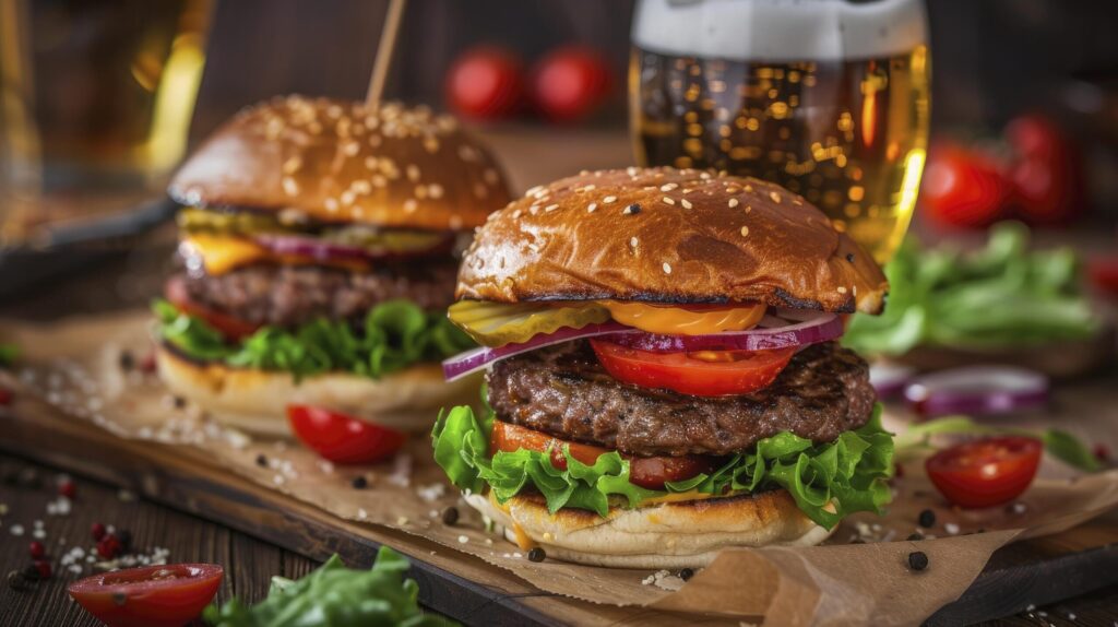 Beef burger with beer glass in a restaurant Free Photo