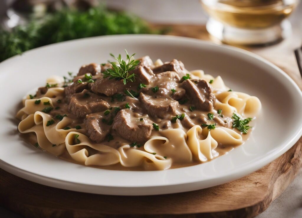 Beef stroganoff over egg noodles garnished with parsley Free Photo