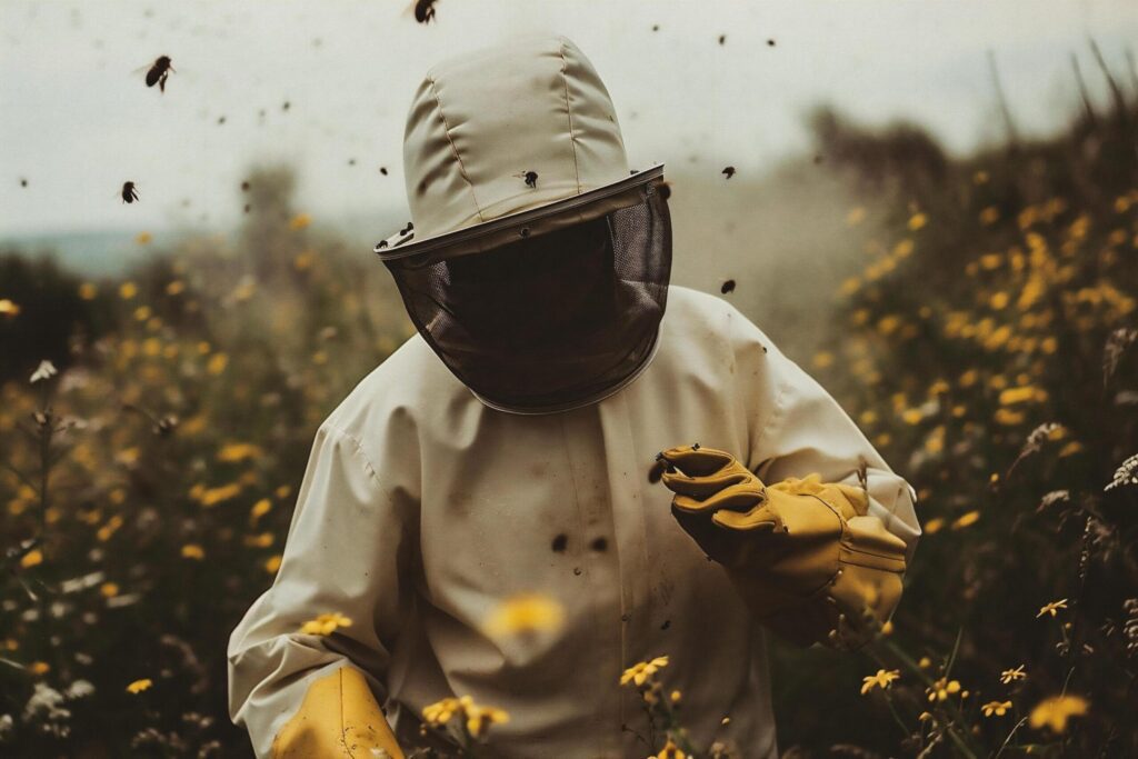 Beekeeper in yellow protective suit and mask collecting honey from flower field. Free Photo