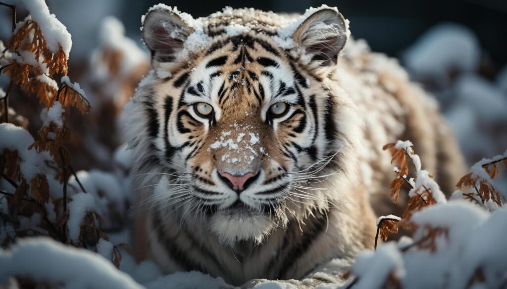 Bengal tiger, fierce and majestic, roams snowy forest generated by AI Free Photo