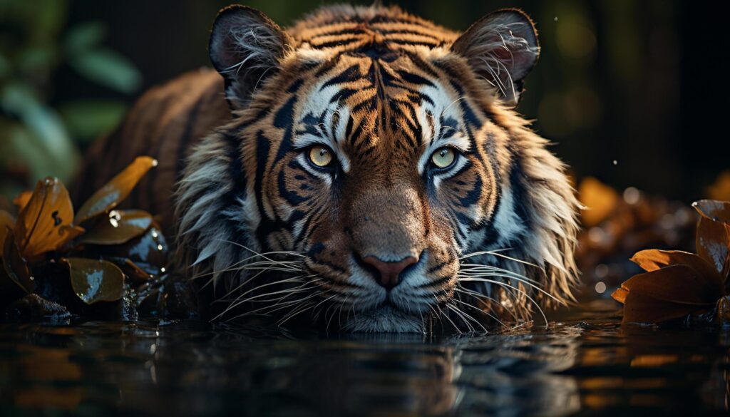 Bengal tiger, fierce and wild, gazes into the camera generated by AI Free Photo