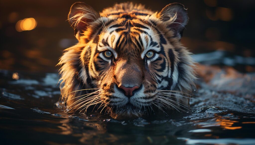 Bengal tiger, majestic and endangered, staring into tranquil pond generated by AI Free Photo