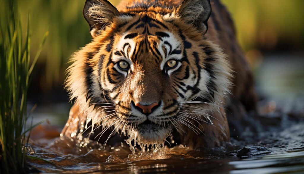 Bengal tiger staring, majestic beauty in nature reflection generated by AI Free Photo