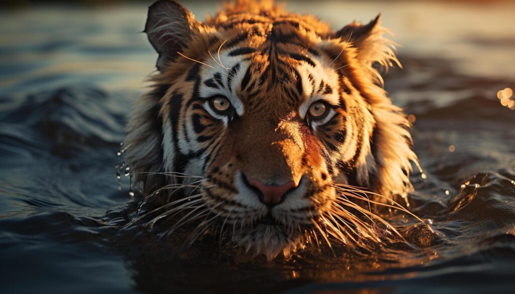 Bengal tiger staring, majestic, in tranquil winter sunlight generated by AI Free Photo