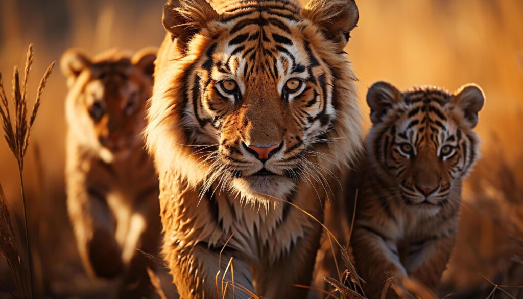 Bengal tiger walking, staring, three cubs hiding in wilderness generated by AI Free Photo