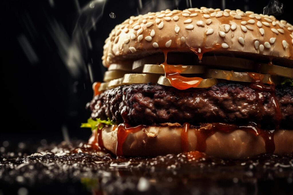 Big tasty cheeseburger with beef patty and vegetables on black background Free Photo