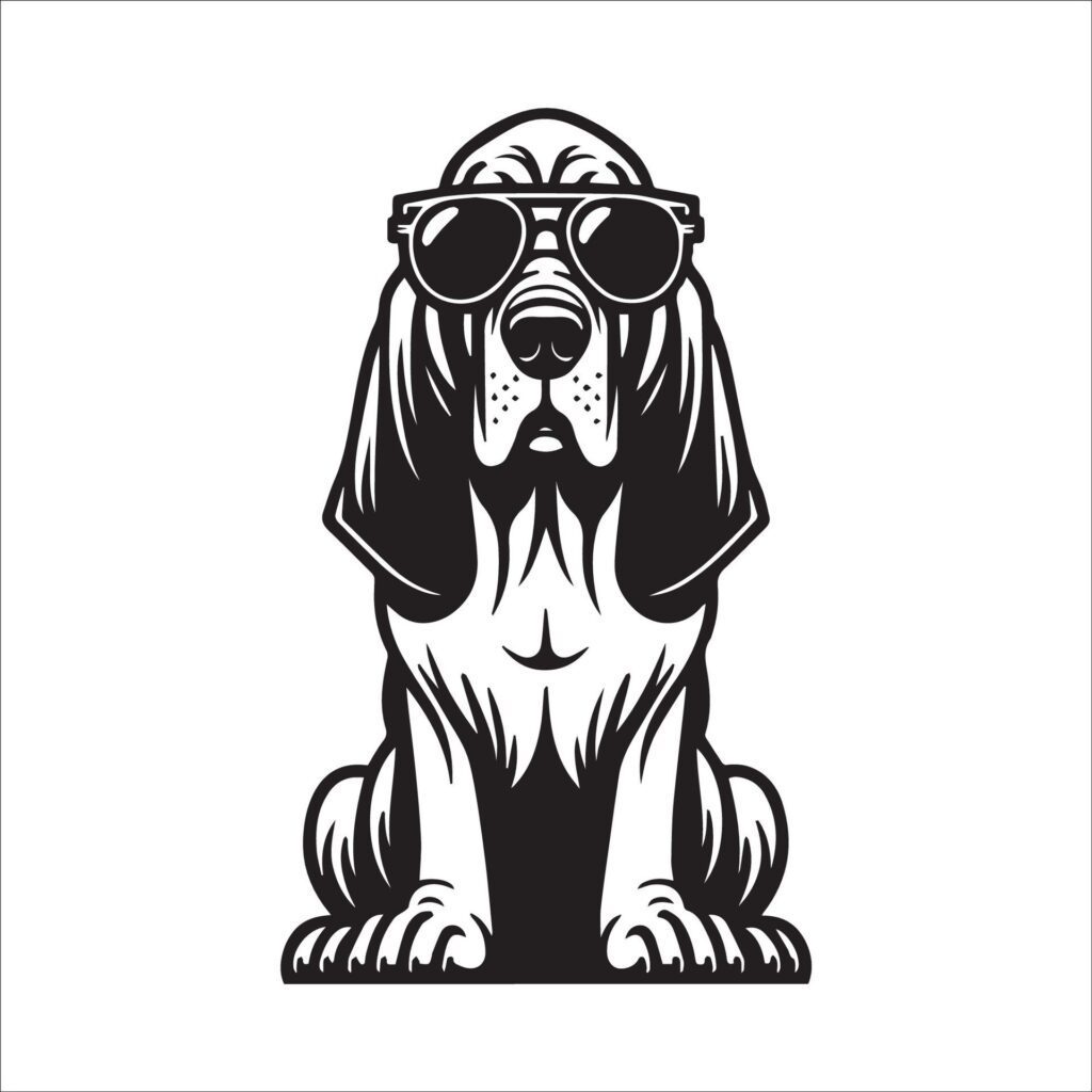 black and white Bloodhound Dog wearing sunglasses illustration Free Vector