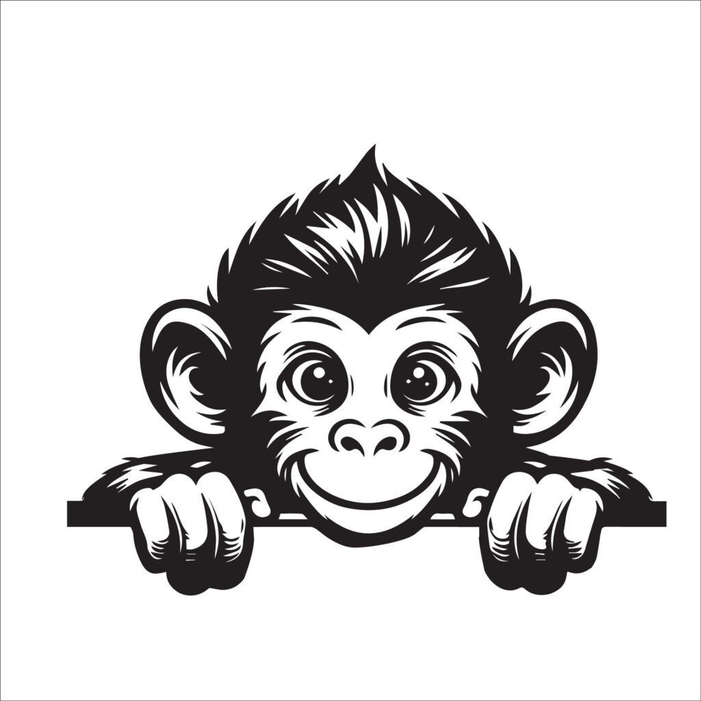 black and white Peeking Monkey face illustration Free Vector