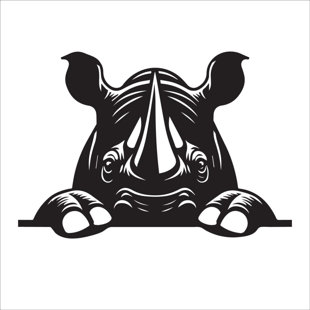 black and white Peeking Rhinoceros face illustration Free Vector