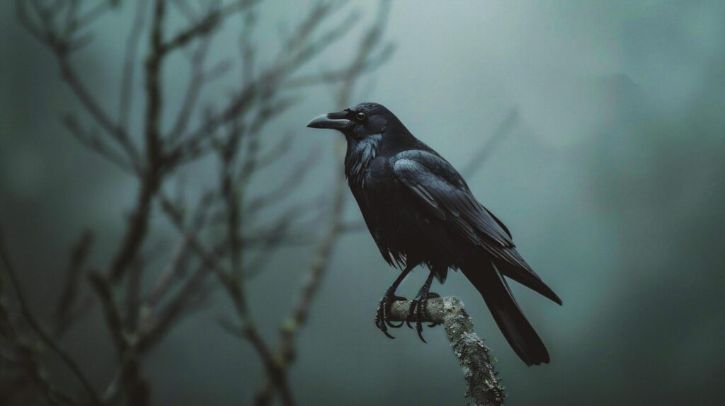 Black crow on a branch in a foggy forest, close-up Free Photo