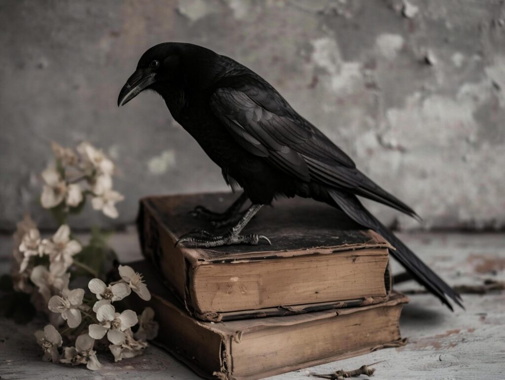 Black crow sitting on a stack of old books. Dark background. Free Photo