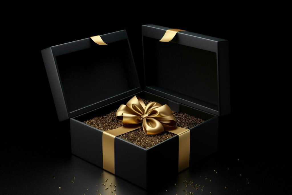 AI generated Black gift box with golden bow on black background. 3D rendering Valentine’s day Generative ai Stock Free