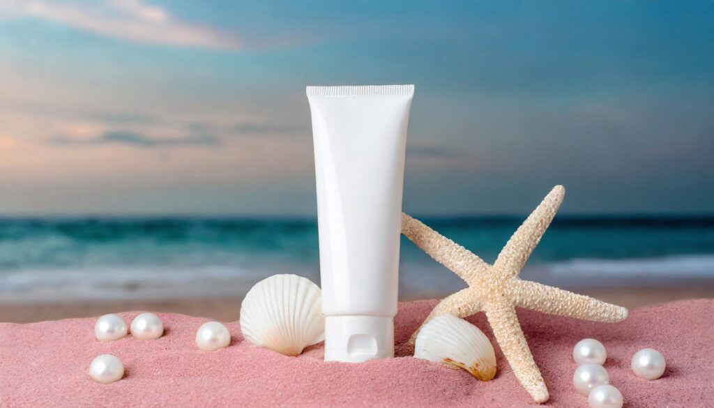 Blank Cosmetic Tube mockup at the beach surrounded by sheasell, pearl and starfish Free Photo