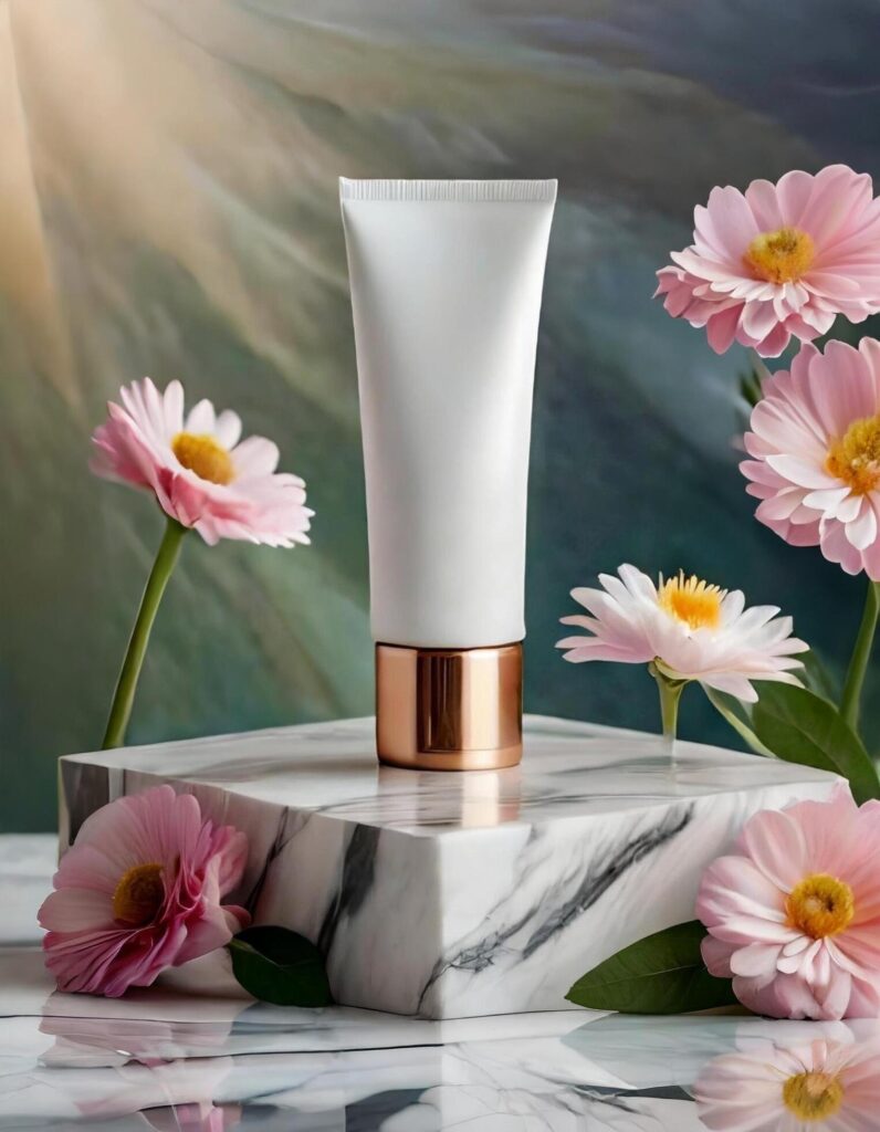 Blank Cosmetic Tube mockup on podiuum with Flowers and Mountains Free Photo