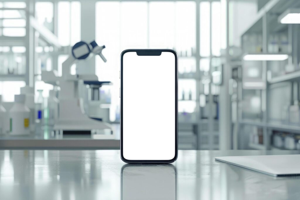 Blank screen smartphone stands in a laboratory setting, with scientific equipment in soft focus behind Free Photo