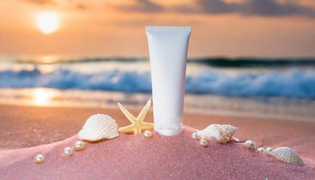 Blank Tube mockup at the beach surrounded by sheasell, pearl and starfish Free Photo