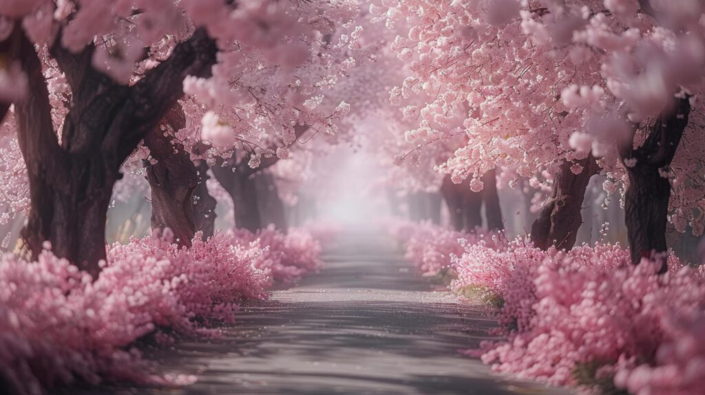 Blooming Pink Flowers Along Tree-Lined Road Free Photo