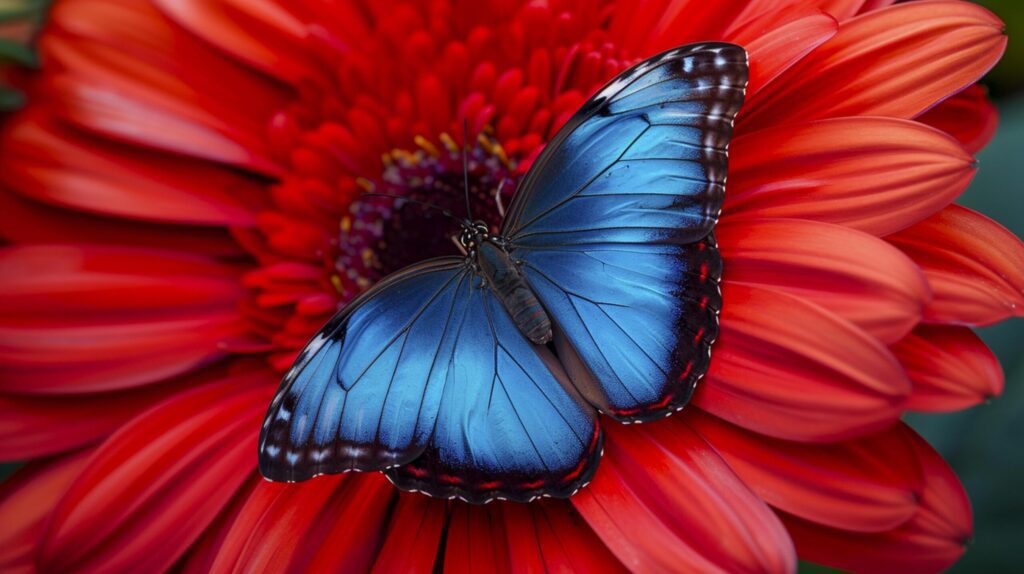 blue and black butterfly resting on the petal of a bright red flower Ai generated Free Photo