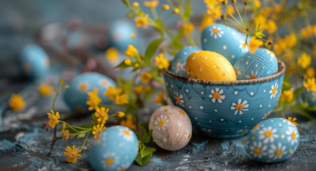 Blue Bowl Filled With Yellow Painted Eggs Free Photo