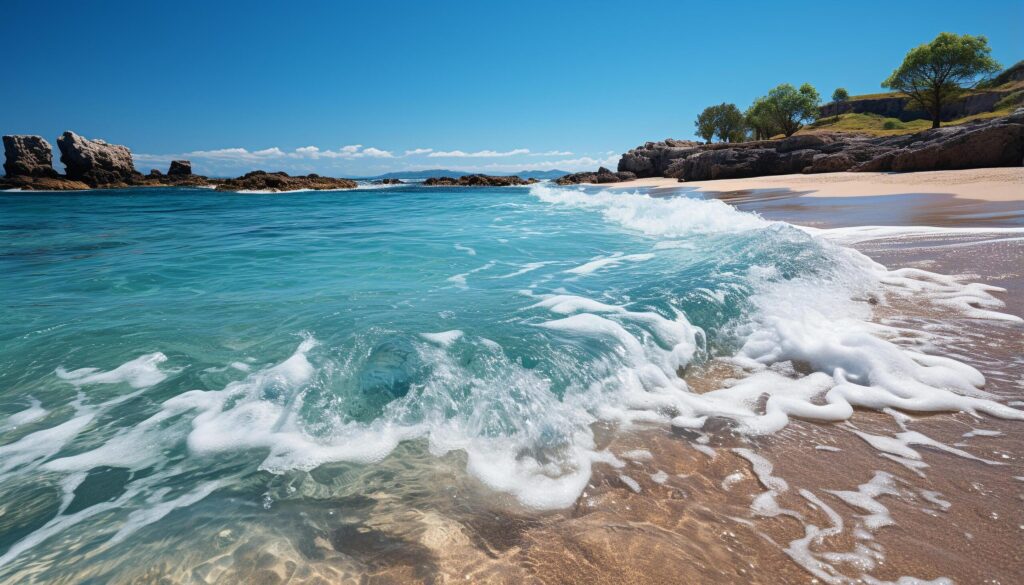 Blue wave splashing on rocky coastline, nature tranquil beauty generated by AI Free Photo