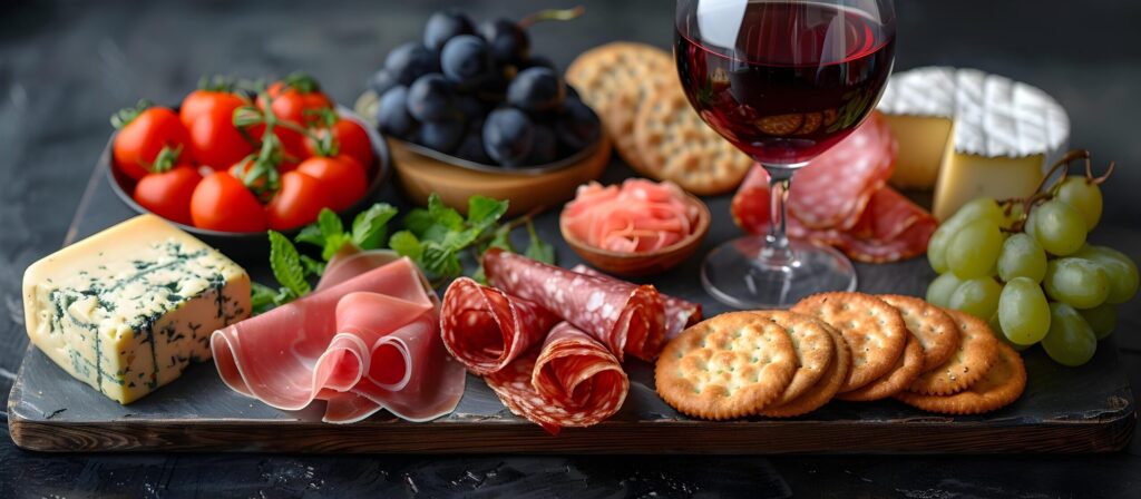 board of food starters, prosciutto and parma ham, crackers, cheeses with glass of wine Free Photo