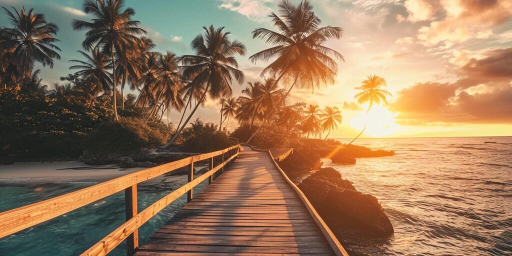 boardwalk with palm trees in tropical island at sunset, in the style of luxurious Ai Generated Free Photo