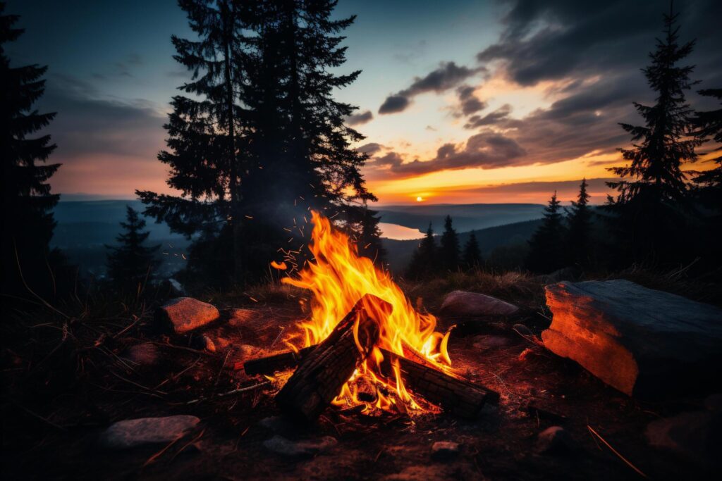 Bonfire on the shore of a lake at sunset. Camping. Free Photo