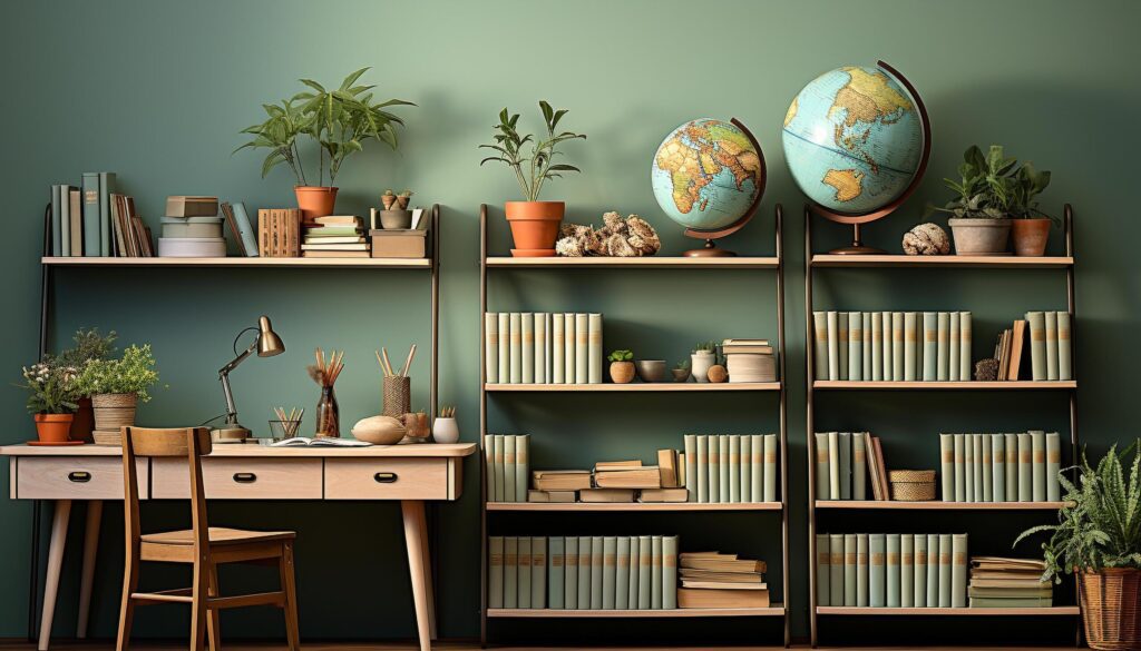 Bookshelf with books, desk, chair, and plant indoors generated by AI Free Photo