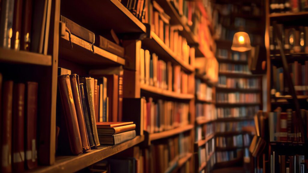 bookshelves with warm lighting filled with books on lifelong learning Free Photo