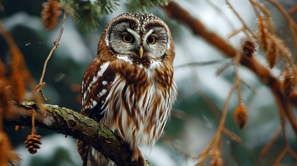 Boreal Owl in Winter’s Embrace Among Frosted Pines Free Photo