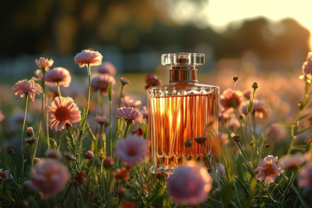 Bottle of Perfume in Field of Flowers Free Photo