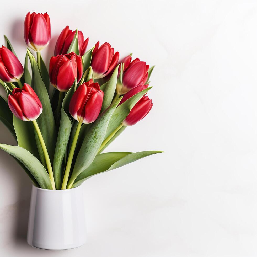 AI generated Bouquet of beautiful red tulips on a white background with space for text. Mother’s Day, March 8, birthday. Generated by artificial intelligence Stock Free