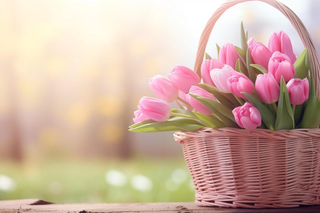 Bouquet of pink tulips in a basket outdoors, space for text. Free Photo