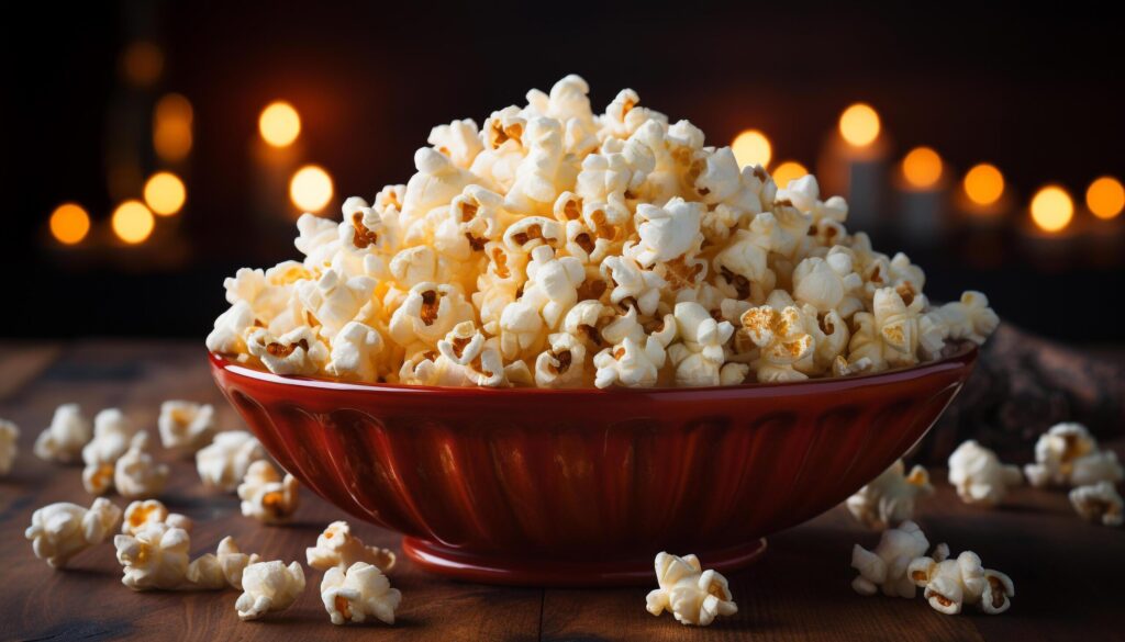 Bowl of popcorn, sweet and salty indulgence for movie night generated by AI Free Photo