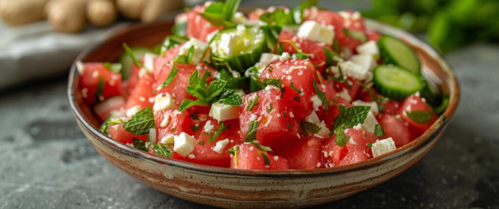 Bowl of Watermelon and Cucumber Salad Free Photo