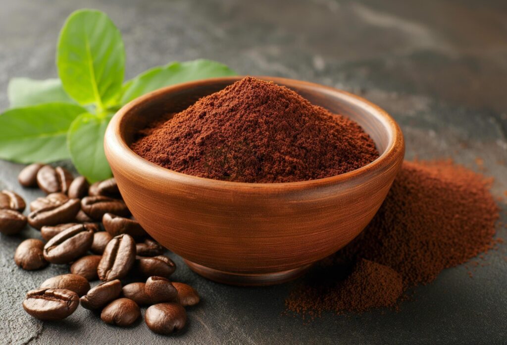 Bowl with ground coffee, coffee beans, and mint Free Photo